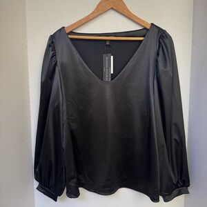 Banana Republic Balloon Sleeve V-Neck Black Satin Blouse